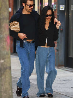Zoë Kravitz in Still Here New York sport jean and Mansur Gavriel black dream ballerina.