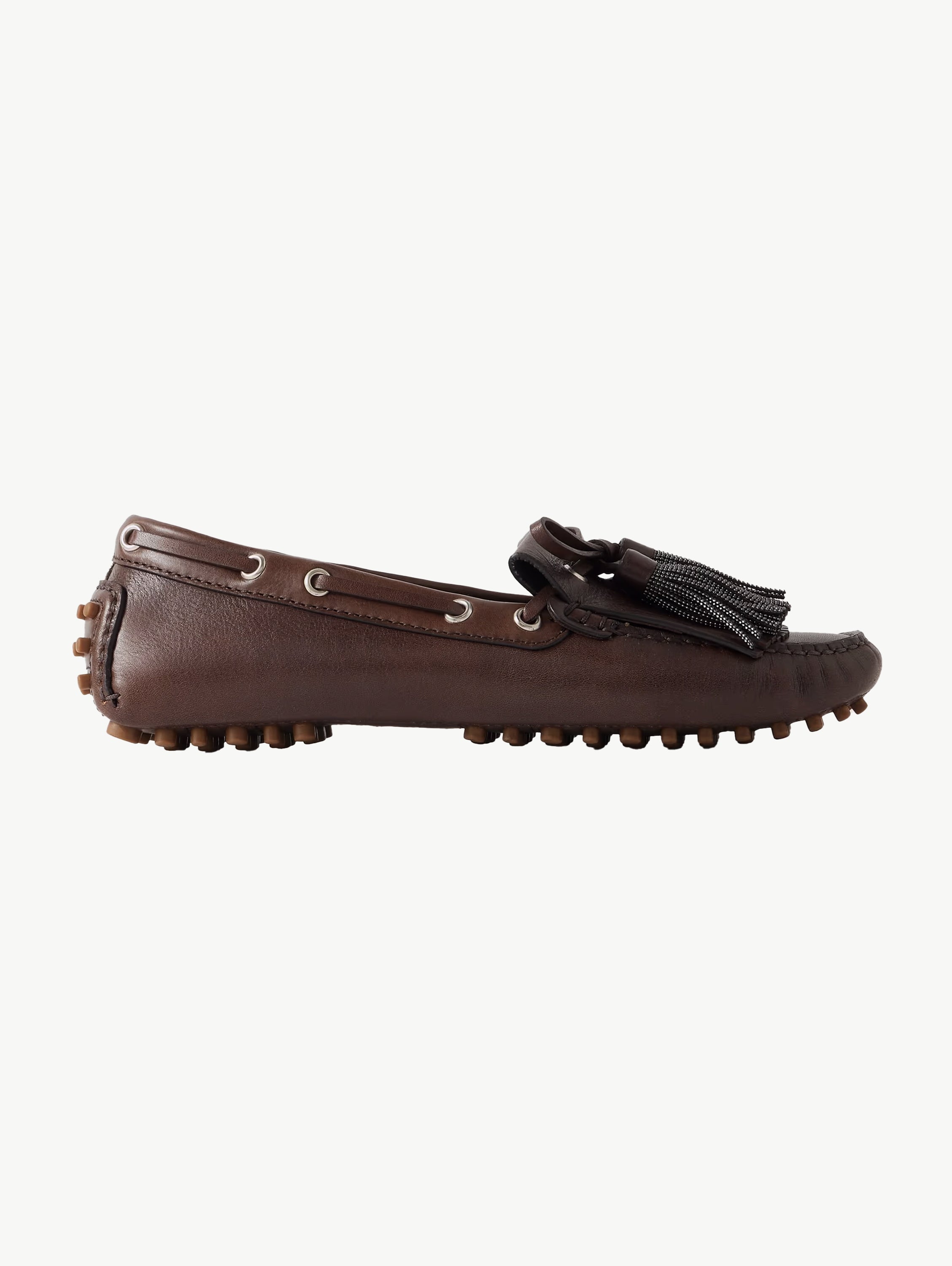 Tasseled fringed bead-embellished leather loafers