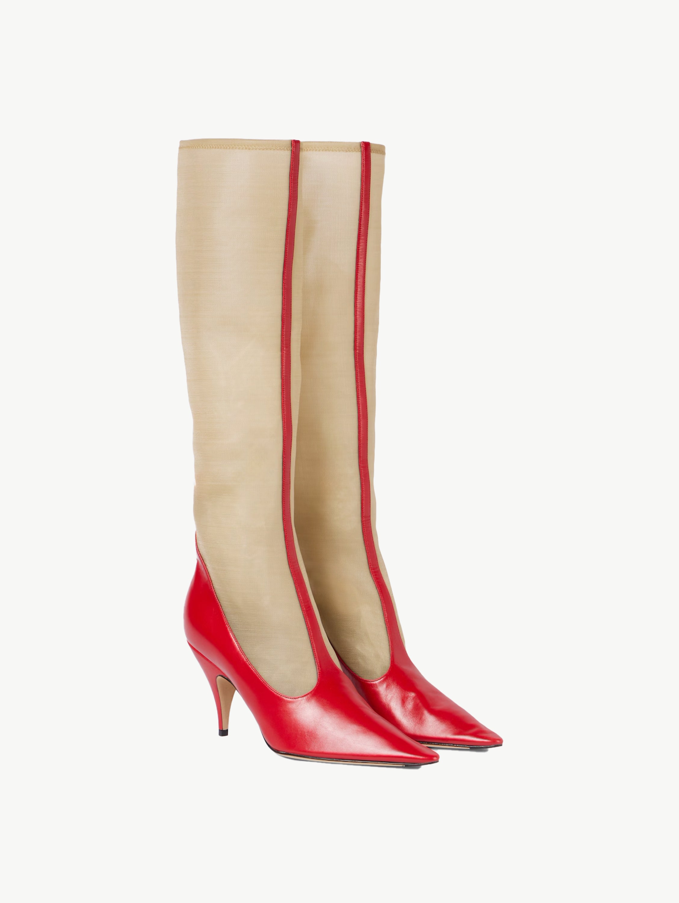 Mesh and leather knee-high boots